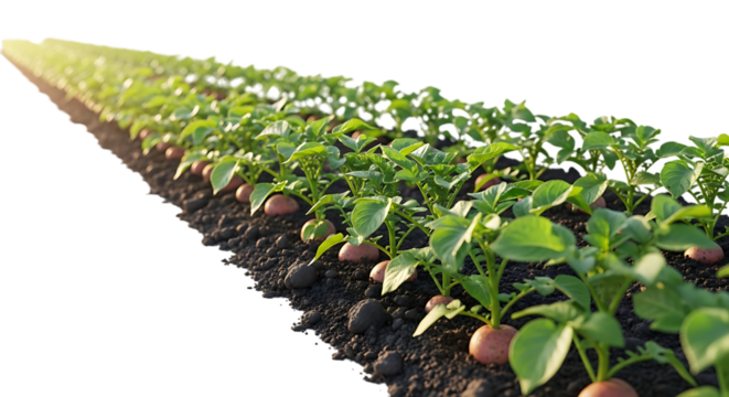 Rows of young potato plants with developing tubers in soil, isolated on a transparent background, cutout, PNG