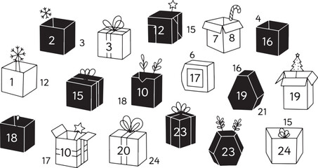 Black and White Christmas Advent Calendar with Numbered Gift Boxes