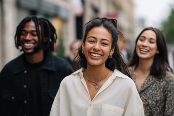 Group of diverse young adults smiling outdoors in urban setting
