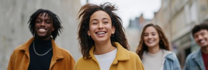 Diverse group of young adults smiling outdoors on a city street