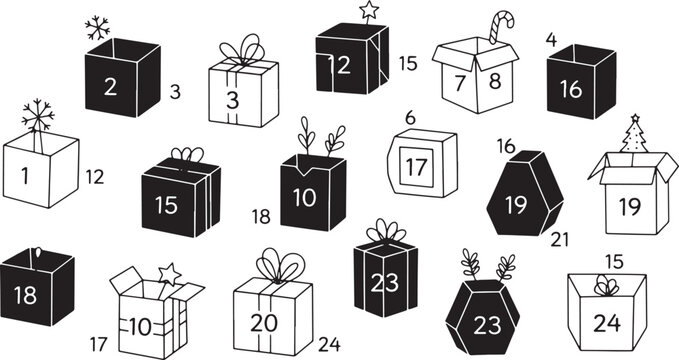Black and White Christmas Advent Calendar with Numbered Gift Boxes