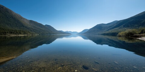 Naklejka premium Serene mountain lake reflection under clear blue sky