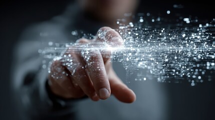 Man's finger interacts with digital data stream representing stock market analysis and technological advancement in financial investment