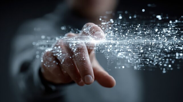 Man's finger interacts with digital data stream representing stock market analysis and technological advancement in financial investment