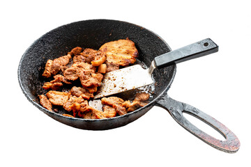 fried meat on pan isolated on white
