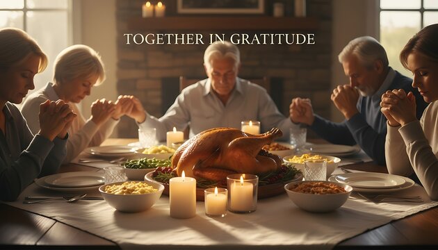 A multi generational family gathers around a beautifully set dining table holding hands and praying together before a festive thanksgiving feast with a roasted turkey and candles - Powered by Adobe