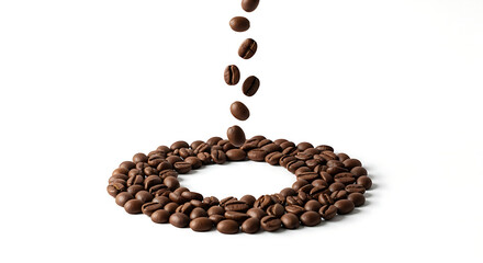 Freshly roasted coffee beans falling and forming a circle on a clean white background