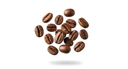Obraz premium A scattering of roasted coffee beans suspended in mid air against a clean white background with a subtle shadow