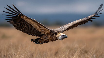 Obraz premium Majestic Griffon Vulture Gliding Low with Expansive Wings Over Golden Grasslands