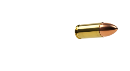 Brass and copper bullet with pointed tip on black, isolated on a transparent background, cutout, PNG