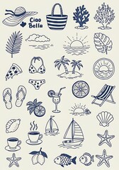 Hand drawn summer beach vacation and tropical elements collection