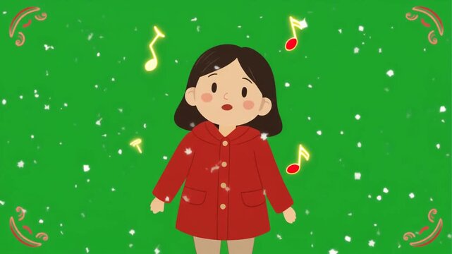 Illustration of a Singing Girl in Winter with Musical Notes on Green Background
