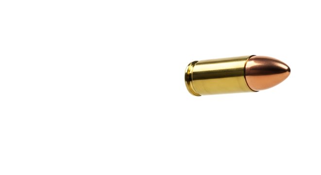 Brass and copper bullet with pointed tip on black, isolated on a transparent background, cutout, PNG