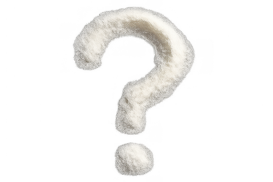 Fluffy white question mark symbol expressing doubt, unknown, uncertainty, and seeking answers on transparent background