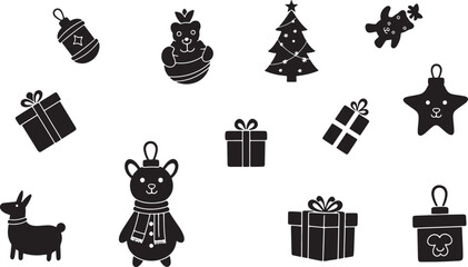 Black silhouette Christmas ornaments and gift boxes on white background festive season