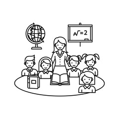 Educator teaching diverse students in a classroom setting, featuring globe, blackboard, and books, line art