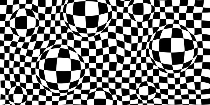 Groovy checker background with black and white optical illusion spheres creating a wavy pattern. Checkered groovy composition with distorted geometry. Vector illustration.