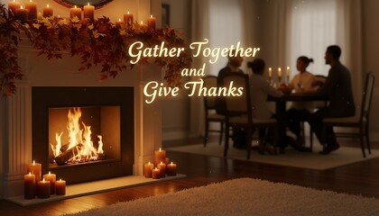 Warm fireplace and glowing candles create a cozy atmosphere for a family gathered around a dining table for a thanksgiving meal celebrating togetherness and gratitude