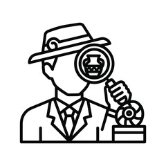 Researcher in fedora hat carefully examining an ancient vase with a magnifying glass, professional line art icon.
