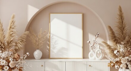 Bohemian style mockup featuring a blank poster frame surrounded by dried flowers