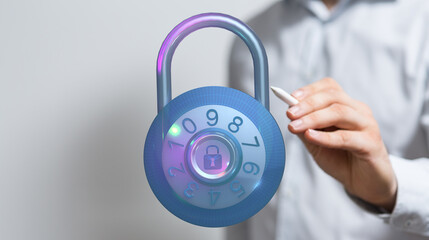 Secure digital lock with a futuristic design, person drawing, conceptual image of security and protection online, cyber safety.
