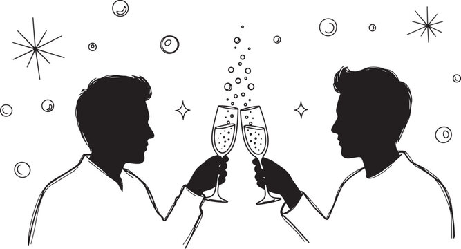 Celebrating Success Two men toasting with champagne glasses monochrome illustration