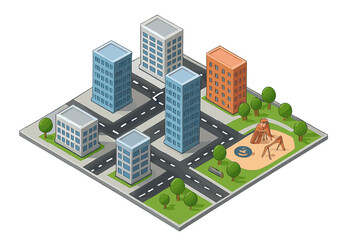 Isometric city block with apartment buildings and public playground