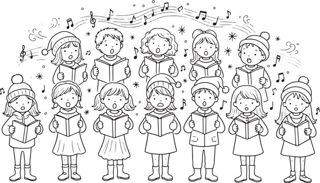 Childrens Choir Singing Christmas Carols in Winter Clothing Black and White