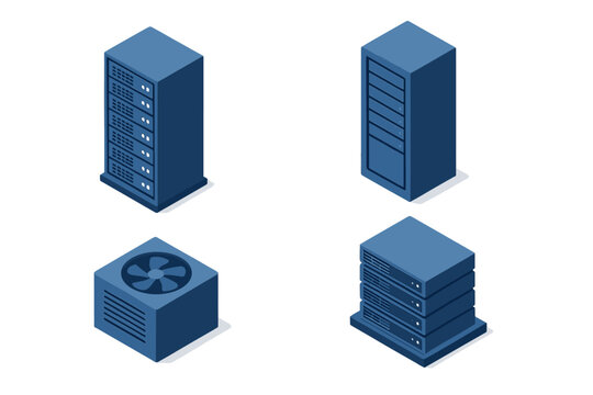 Isometric icons of blue server racks and data center cooling equipment