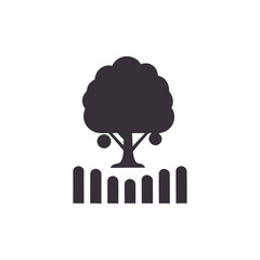 Stylized tree with fruit stands behind a picket fence, creating a simple and clean naturethemed image suitable for various creative projects.