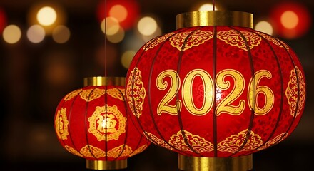 Festive chinese new year lanterns with 2026 inscription, creating a vibrant and celebratory atmosphere for the upcoming year of the tiger