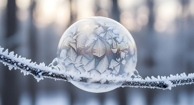 Delicate frozen bubble encased in frost on a winter branch amidst a softly blurred forest - Powered by Adobe
