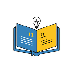 Open book displays bright lightbulb above, representing knowledge and education in a modern, minimalist style, symbolizing learning and enlightenment.
