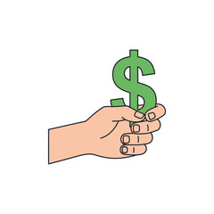 Hand holding a green dollar sign against a white backdrop, symbolizing financial power and wealth accumulation in a modern context.