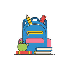Blue backpack filled with school supplies sitting on books with an apple, representing education and learning for students going back to school.