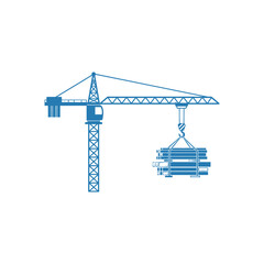 Construction crane lifts steel pipes at a building site, showcasing industrial activity and engineering prowess in a modern setting.