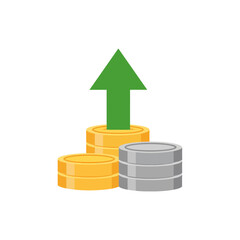 Coins stack upwards with green arrow indicating financial growth and investment success on white backdrop, symbolizing prosperity and positive returns.