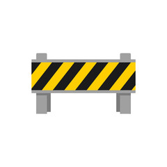 Roadblock stands on white surface indicating construction or hazard with black and yellow stripes warning of danger ahead.
