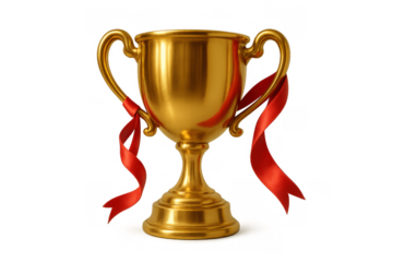 Golden award trophy cup featuring a red ribbon, representing success, winning, competition, and excellence on transparent background