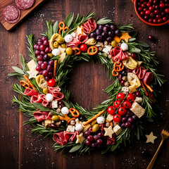 Ein Adventskranz aus Wurst, K&auml;se, Oliven und Weintrauben