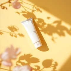 Cosmetic tube bathed in warm sunlight and floral shadows