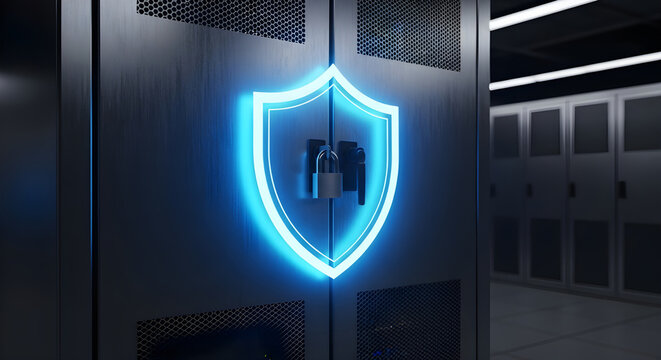 Glowing neon shield symbol of cybersecurity protection over server racks in data center
