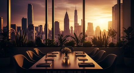 Luxury conference room overlooking a vibrant city skyline at sunset, business meeting ambiance