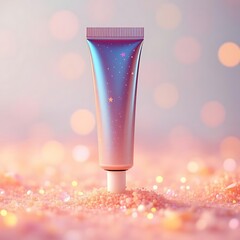Iridescent cosmetic tube with soft bokeh background