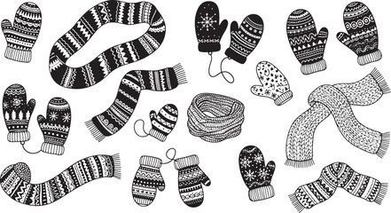 Collection of winter scarfs and mittens with diverse monochrome patterns