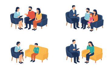 Isometric scenes of people in therapy and mental health counseling sessions