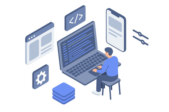 Isometric view of developer coding software application on modern laptop