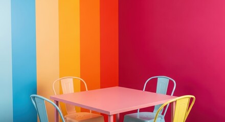 Vibrant rainbow color palette dining area with square table and chairs