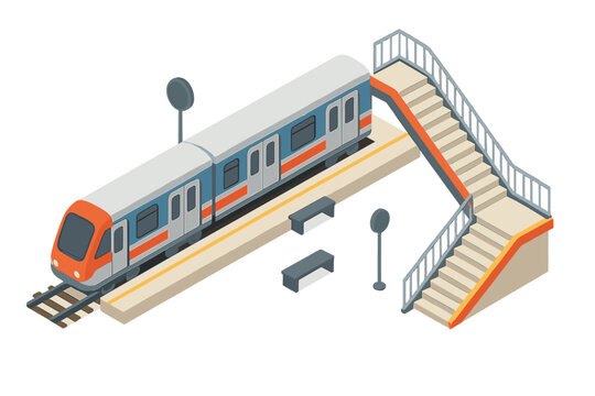 Fototapeta Isometric commuter train stopped at station platform with pedestrian overpass