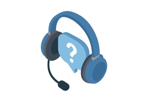 Isometric headset icon with question mark speech bubble symbol